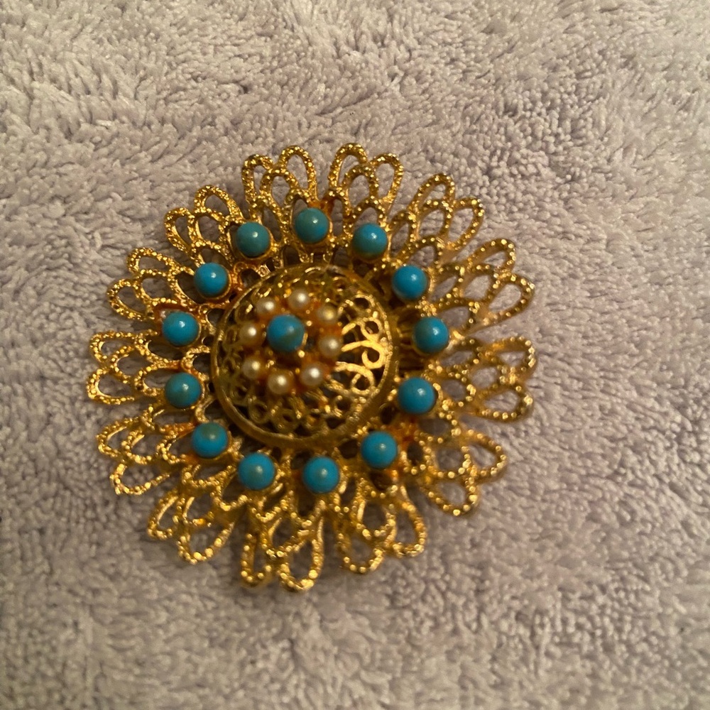 Vintage Gold and Turquoise Brooch